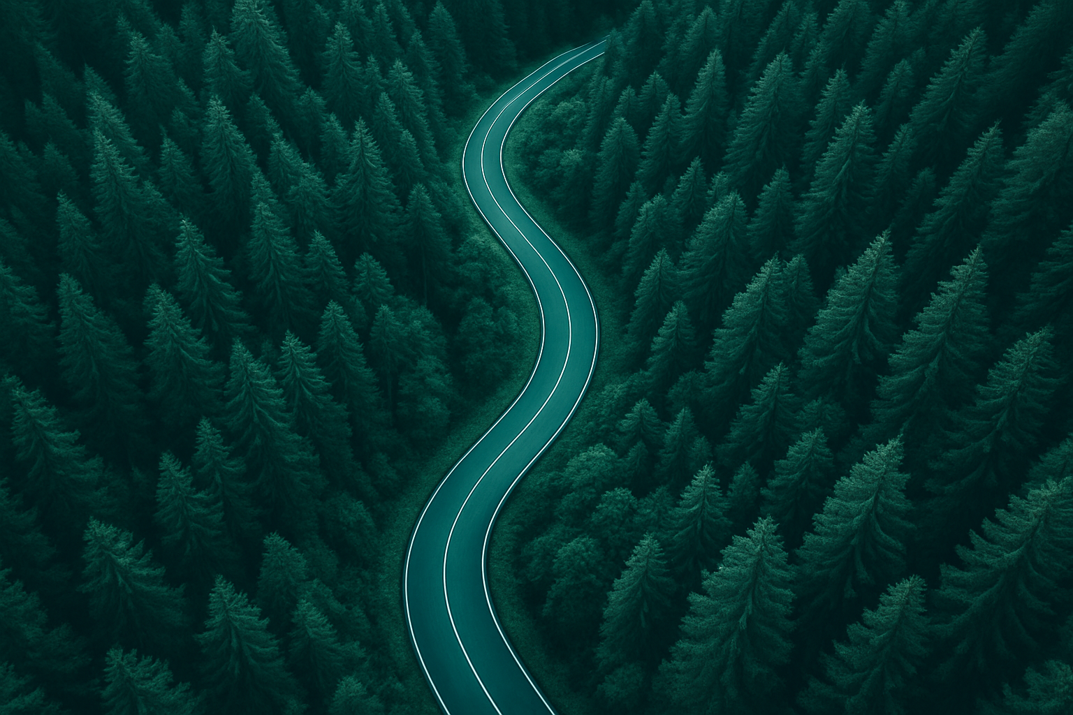Winding road through forest from bird's eye view